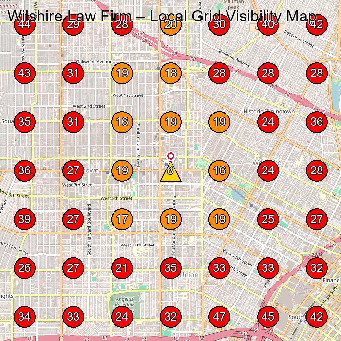 Wilshire Law Firm GeoGrid visibility map for Personal Injury Attorney in Los Angeles